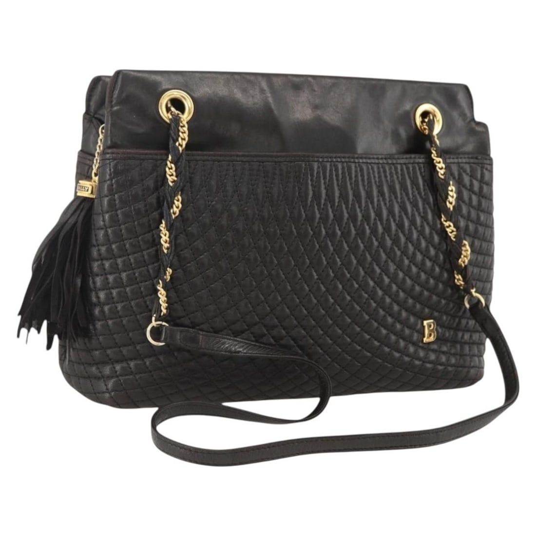 Bally black leather chain shoulder bag gold tone Italy: Bally black leather chain shoulder bag gold tone Italy This BALLY chain shoulder bag features a classic black and gold color scheme and is crafted from leather. Designed for women, it offers a structu