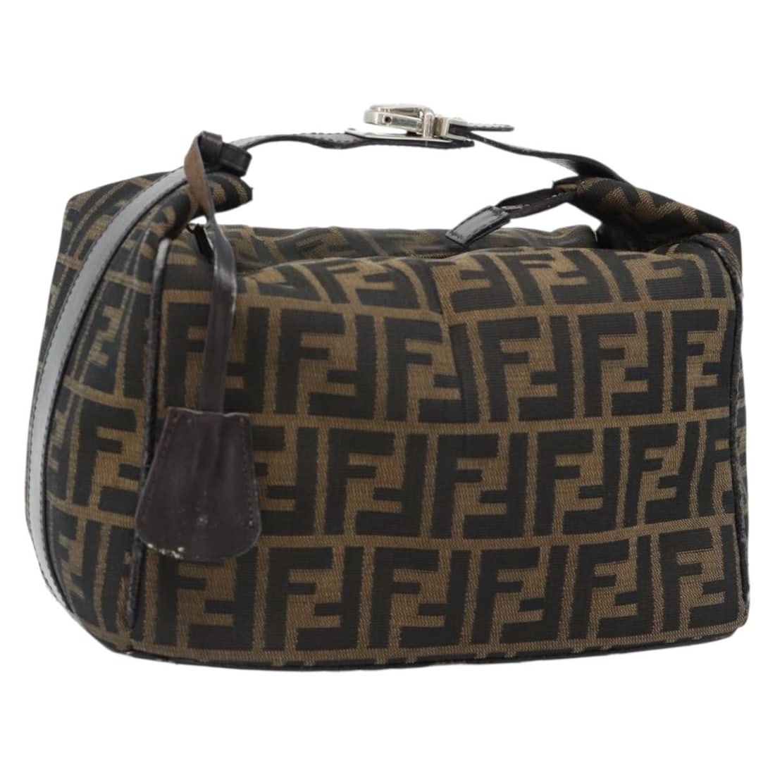 Fendi Zucca Canvas Vanity Handbag Black Brown with Key Clochette: Fendi Zucca Canvas Vanity Handbag Black Brown with Key Clochette A Fendi vanity hand bag in black and brown Zucca canvas, made in Italy. It comes with one key and a clochette. The bag is heavily used 
