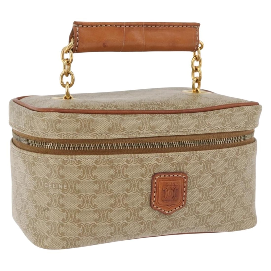 CELINE Macadam Canvas Beige Gold Vanity Handbag Auth 178932A: CELINE Macadam Canvas Beige Gold Vanity Handbag Auth 178932A This CELINE Macadam Canvas Vanity Hand Bag features beige and gold PVC leather with the iconic Macadam canvas pattern. Designed for women, 