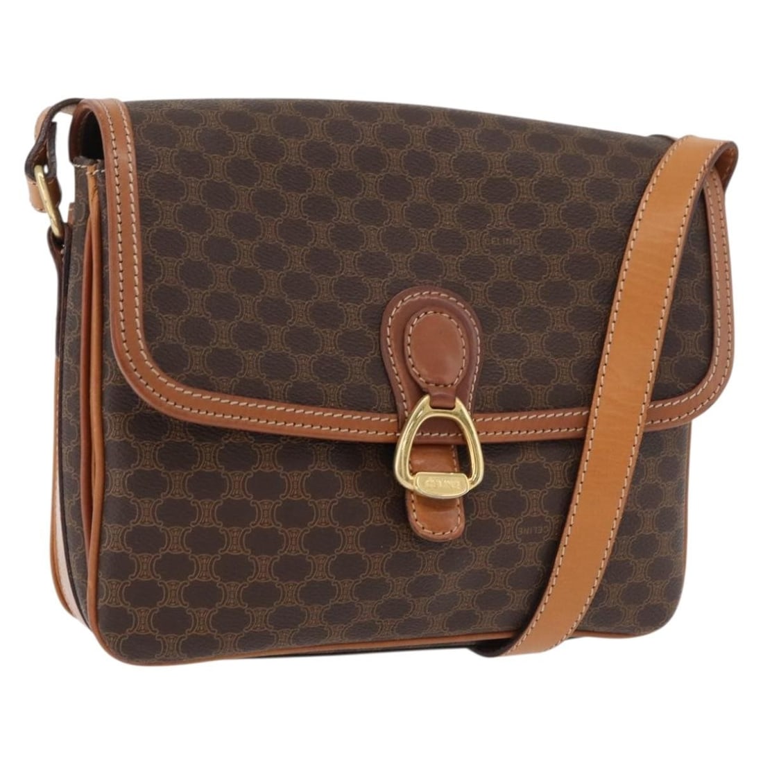 Celine Macadam Canvas PVC Leather Shoulder Bag Brown Gold: Celine Macadam Canvas PVC Leather Shoulder Bag Brown Gold A Celine shoulder bag in brown and gold, crafted from PVC leather and Macadam canvas. Made in Italy, it features a shoulder strap and measures