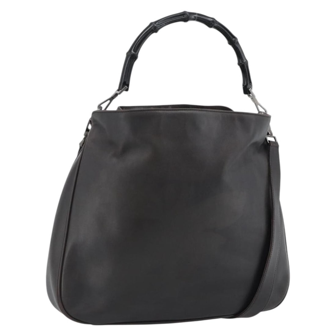 Gucci 0011577 Brown Leather 2way Bamboo Shoulder Bag with Strap: Gucci 0011577 Brown Leather 2way Bamboo Shoulder Bag with Strap A Gucci Bamboo shoulder bag in brown leather with silver-tone hardware. This 2-way style comes with a shoulder strap and was made in Ita