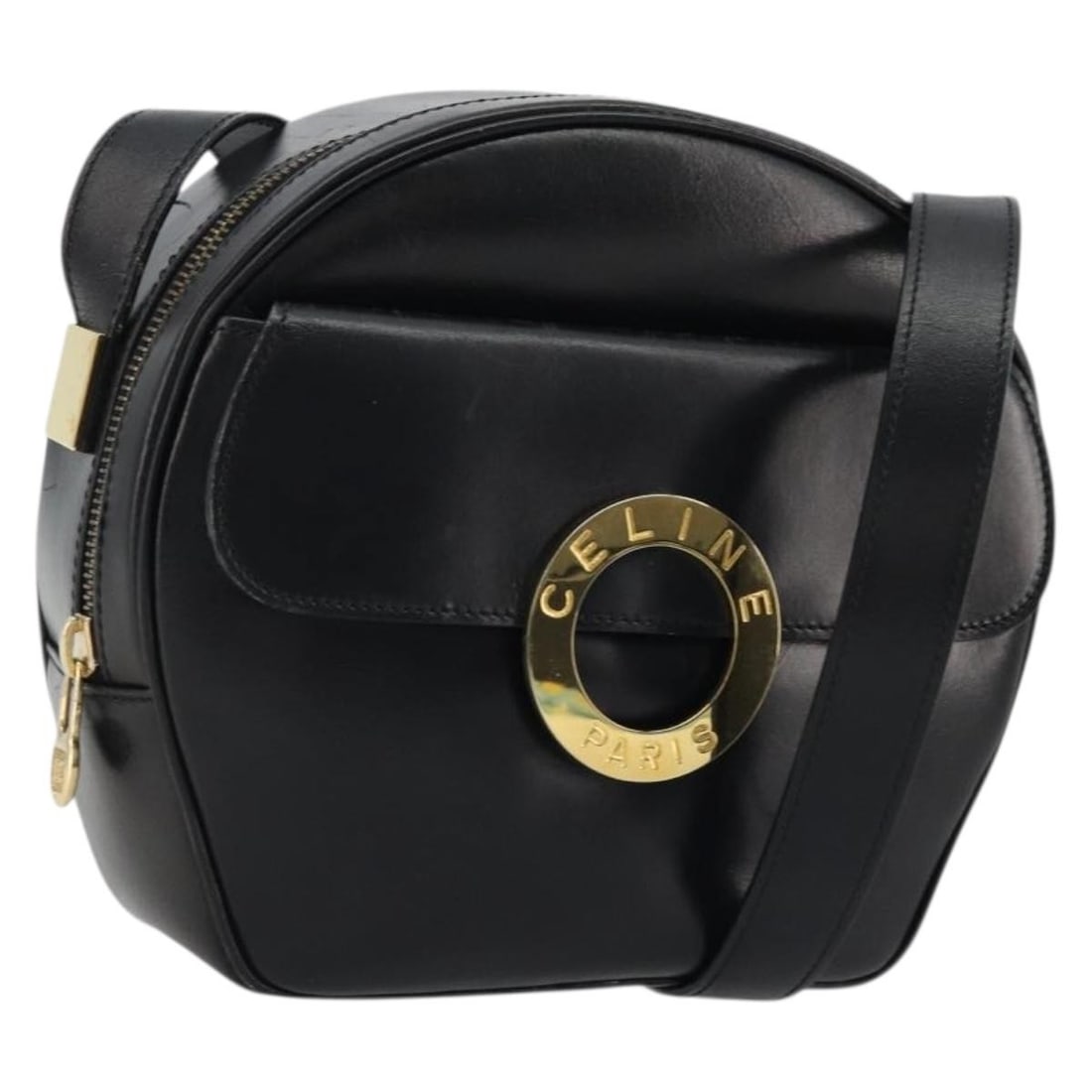Celine Circle Leather Shoulder Bag Black with Gold Tone Hardware: Celine Circle Leather Shoulder Bag Black with Gold Tone Hardware Celine circle shoulder bag in black leather with gold-tone hardware. Made in Italy, this shoulder bag measures approximately W22 cm x H