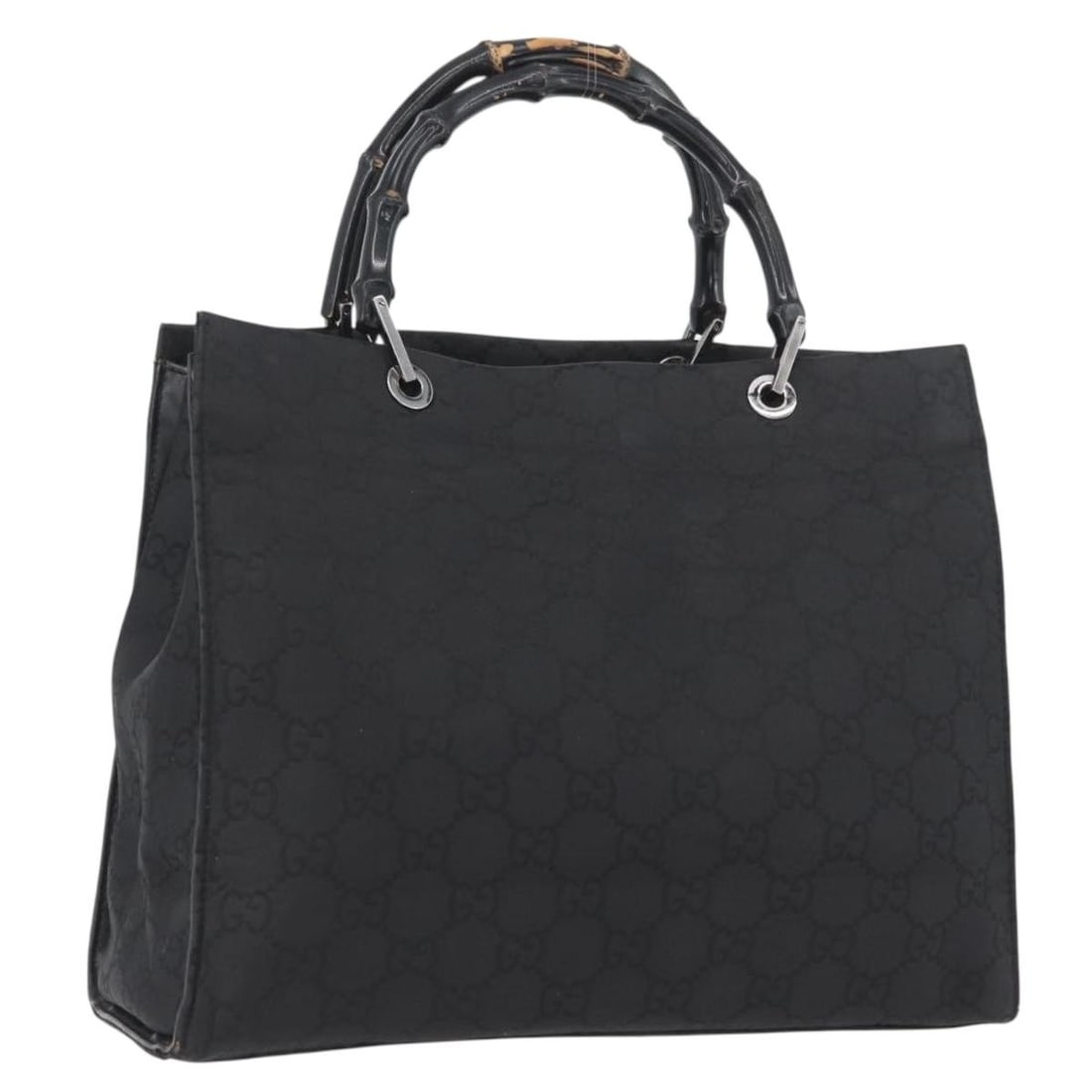 Gucci 002 1010 Bamboo Handle Tote Bag Black Nylon GG Canvas: Gucci 002 1010 Bamboo Handle Tote Bag Black Nylon GG Canvas Gucci tote bag in black and silver nylon and GG canvas, made in Italy. It features a 10.2 inch height, 13.4 inch length, 4.7 inch depth, and