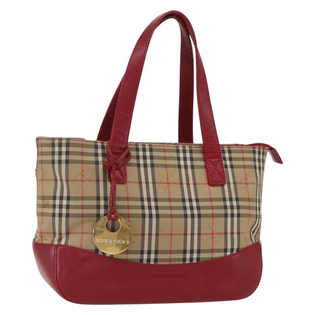Burberry Nova Check Canvas Beige Gold Handbag for Women: Burberry Nova Check Canvas Beige Gold Handbag for Women This Burberry Nova Check handbag features a beige and gold canvas exterior and is designed for women. The bag shows signs of heavy use, includin