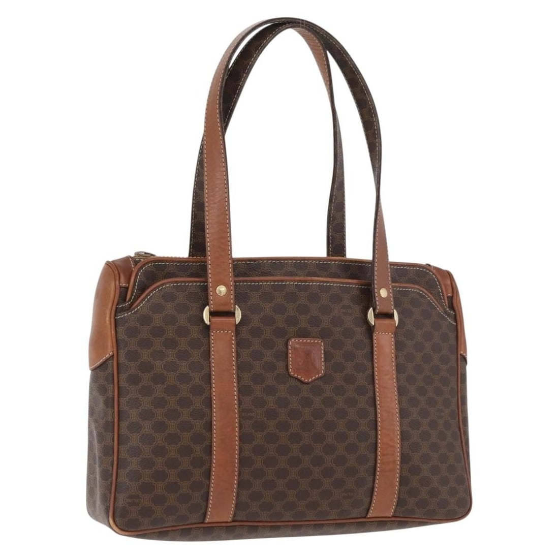 CELINE Macadam Brown PVC Leather Hand Bag Gold Tone: CELINE Macadam Brown PVC Leather Hand Bag Gold Tone A brown and gold Celine handbag crafted from PVC leather and Macadam canvas. It is made in Italy and measures approximately 30 cm W x 22 cm H x 6 cm