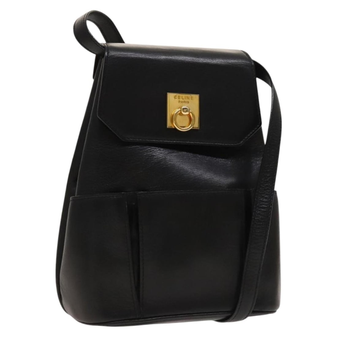 CELINE Black Leather Shoulder Bag Gold Tone Made in Italy: CELINE Black Leather Shoulder Bag Gold Tone Made in Italy Authentic CELINE shoulder bag in black leather with gold-tone accents. Made in Italy, this women's bag features a compact silhouette with an a