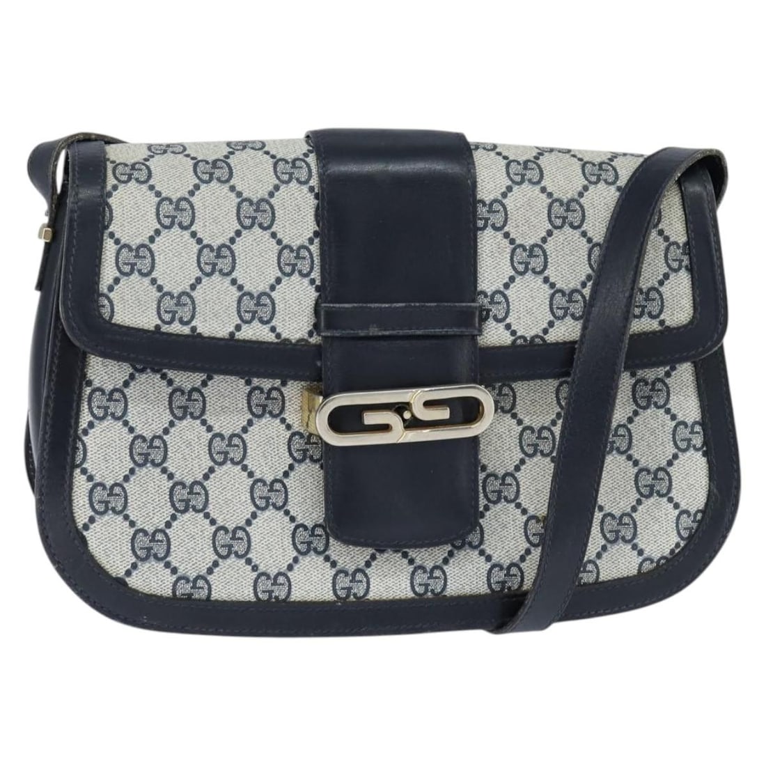 GUCCI GG Supreme Navy Gold PVC Shoulder Bag Italy Auth: GUCCI GG Supreme Navy Gold PVC Shoulder Bag Italy Auth Elevate your style with this GUCCI GG Supreme Shoulder Bag, crafted from durable PVC leather in a sophisticated navy and gold color scheme. This 