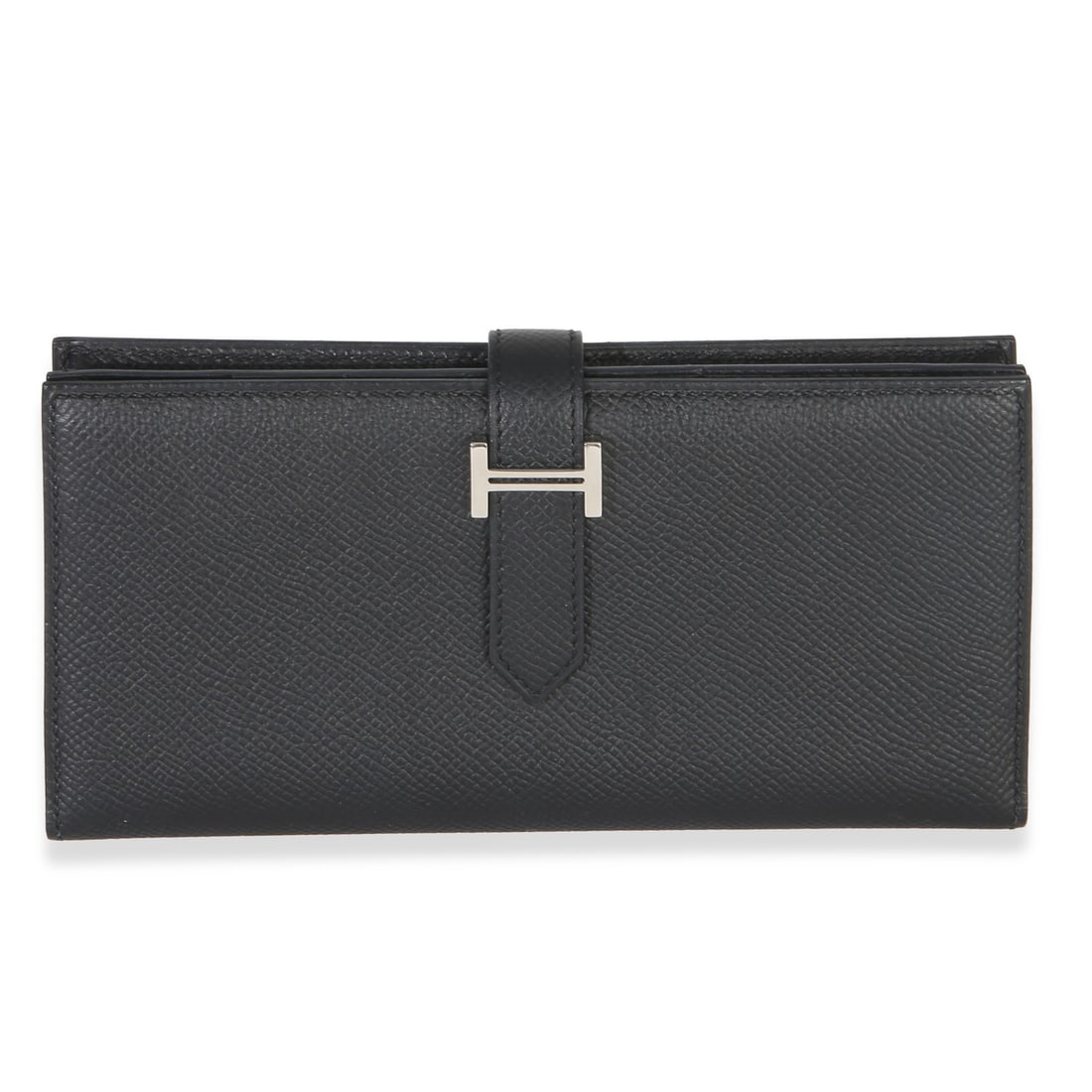 Hermes Bearn Wallet Black Epsom Silver Tone Hardware: Hermes Bearn Wallet Black Epsom Silver Tone Hardware This Hermes Bearn Wallet is crafted from black Epsom leather and features a sleek loop closure with silver-tone hardware. The wallet is designed fo