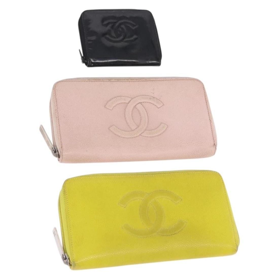 3 CHANEL Caviar Skin Leather Wallets Black Pink Yellow CC: 3 CHANEL Caviar Skin Leather Wallets Black Pink Yellow CC CHANEL women's wallet in black, pink, and yellow leather with grained calf skin/caviar skin exterior. This special bundle offer is described a
