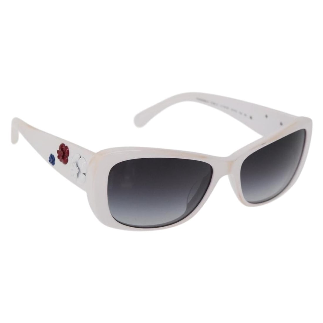 CHANEL 5186-A Camelia White Plastic CC Sunglasses: CHANEL 5186-A Camelia White Plastic CC Sunglasses White CHANEL Camelia sunglasses made of plastic, style 5186-A, with a width of approximately 14 cm and height of approximately 4.5 cm. Made in Italy, 