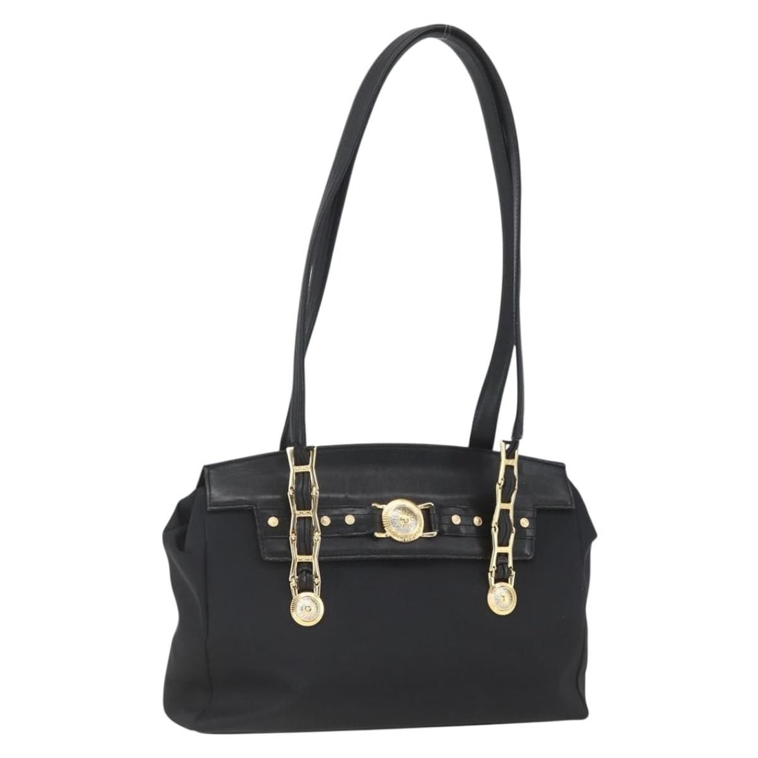 Gianni Versace Black Nylon Tote Bag with Leather Trim Gold Tone: Gianni Versace Black Nylon Tote Bag with Leather Trim Gold Tone Gianni Versace tote bag in black and gold nylon with leather details. This women's tote is made in Italy and measures approximately 37 c