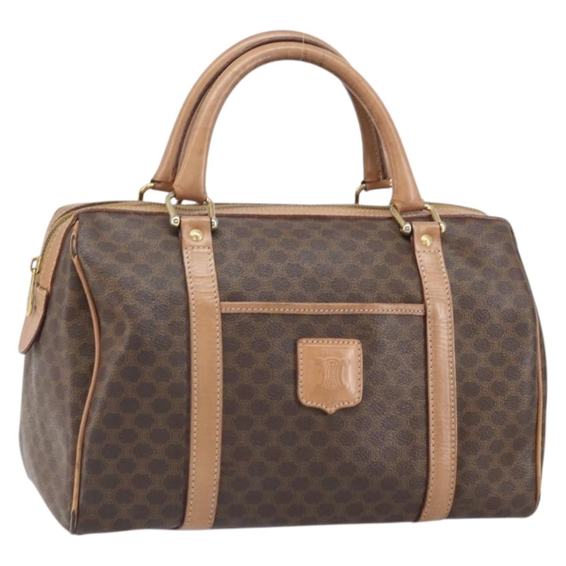 Brown Gold PVC Leather Macadam Canvas Handbag by CELINE Made in Italy: Brown Gold PVC Leather Macadam Canvas Handbag by CELINE Made in Italy This CELINE handbag features a combination of Macadam canvas and PVC leather in brown and gold tones. Designed and manufactured in