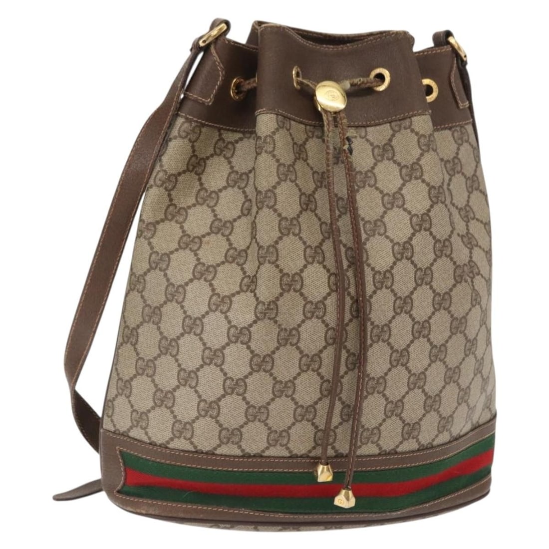 Beige Gold GG Supreme Web Sherry Shoulder Bag by Gucci PVC Leather 164 02 085: Beige Gold GG Supreme Web Sherry Shoulder Bag by Gucci PVC Leather 164 02 085 This is a Gucci GG Supreme Web Sherry Line shoulder bag crafted in beige and gold PVC leather with GG canvas accents. The 
