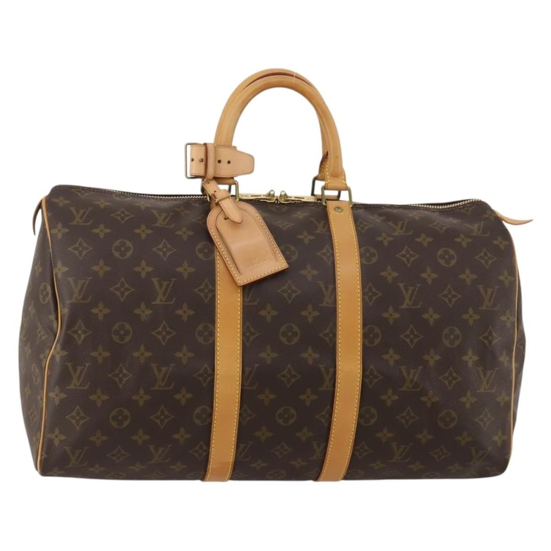 Louis Vuitton M41428 Keepall 45 Monogram Canvas Boston Bag: Louis Vuitton M41428 Keepall 45 Monogram Canvas Boston Bag Louis Vuitton Keepall 45 Boston bag in Monogram canvas, made in France. This women's bag includes a name tag and Powanie. Condition is heavil