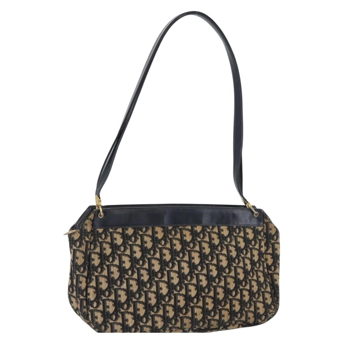 Christian Dior Navy Trotter Canvas Shoulder Purse Gold Accents France: Christian Dior Navy Trotter Canvas Shoulder Purse Gold Accents France This Christian Dior Trotter Canvas Shoulder Bag features a classic navy and gold color scheme with signature Trotter canvas materi