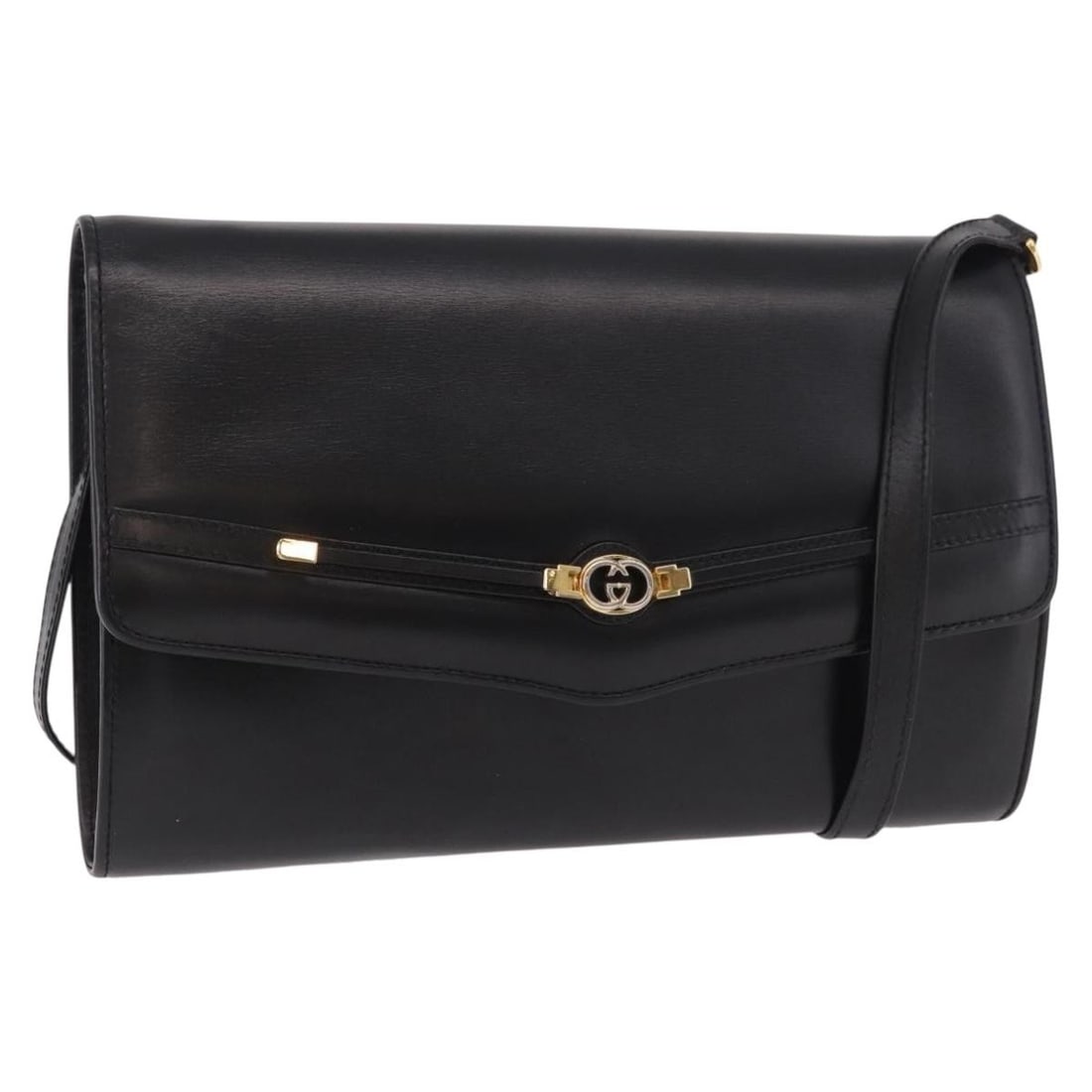 Gucci Leather Shoulder Bag Black with Gold Tone Hardware: Gucci Leather Shoulder Bag Black with Gold Tone Hardware Gucci shoulder bag in black and gold leather, made in Italy, designed for women. It measures approximately 26 cm wide, 17 cm high, and 3 cm dee