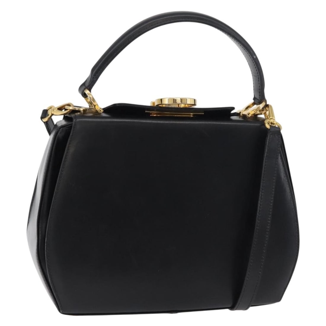 Salvatore Ferragamo Gancini 2way Leather Handbag Black with Shoulder Strap: Salvatore Ferragamo Gancini 2way Leather Handbag Black with Shoulder Strap A Salvatore Ferragamo Gancini leather 2-way handbag in black and gold. It comes with a shoulder strap and was made in Italy. 