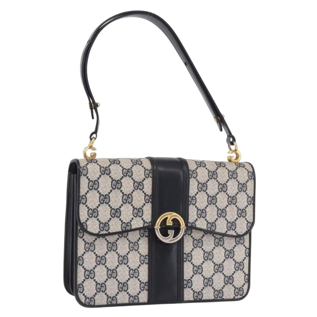 Gucci 190570 Navy Gold PVC Leather Hand Bag: Gucci 190570 Navy Gold PVC Leather Hand Bag Authentic Gucci GG Supreme handbag in navy with gold-tone accents, crafted in PVC leather. This women's handbag is made in Italy and is offered without the 