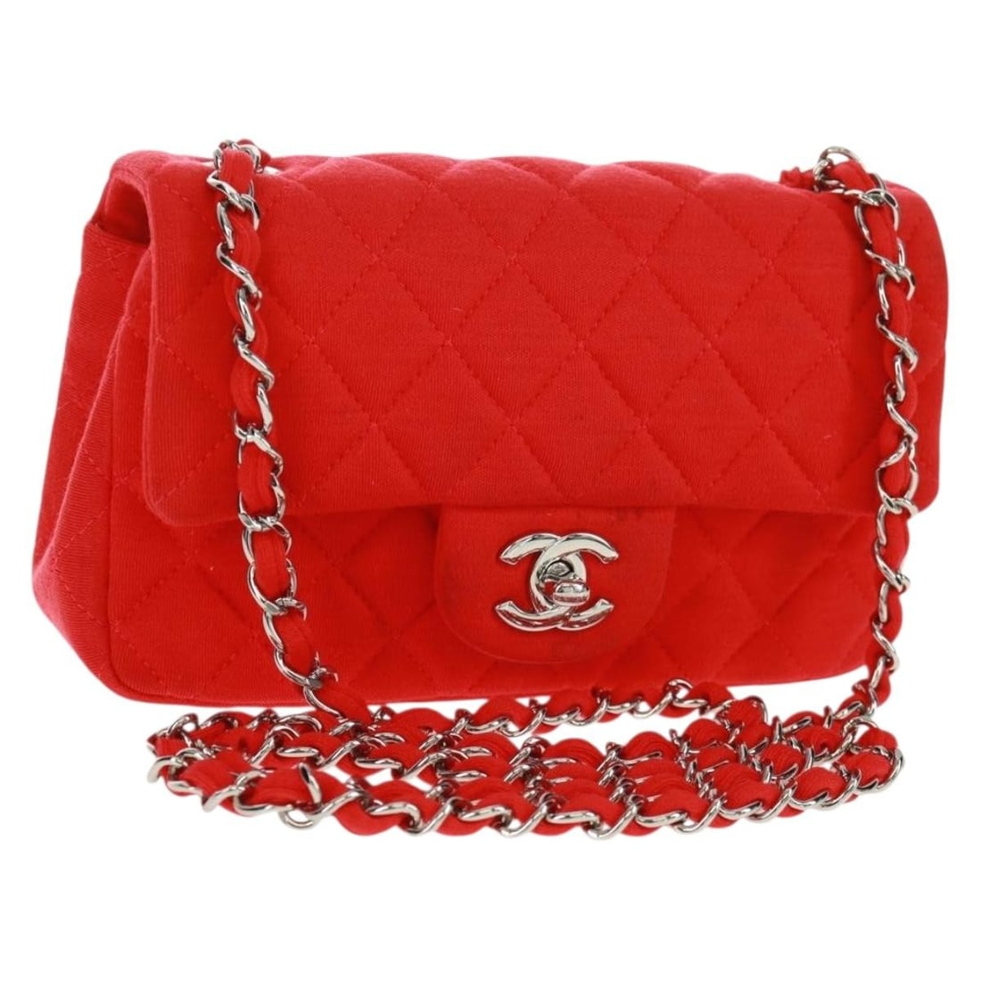 CHANEL Matelasse 20 Cotton Shoulder Bag Red Silver CC: CHANEL Matelasse 20 Cotton Shoulder Bag Red Silver CC CHANEL Matelasse 20 chain shoulder bag in cotton, presented in red and silver. Made in Italy, this women's shoulder bag features a compact silhoue