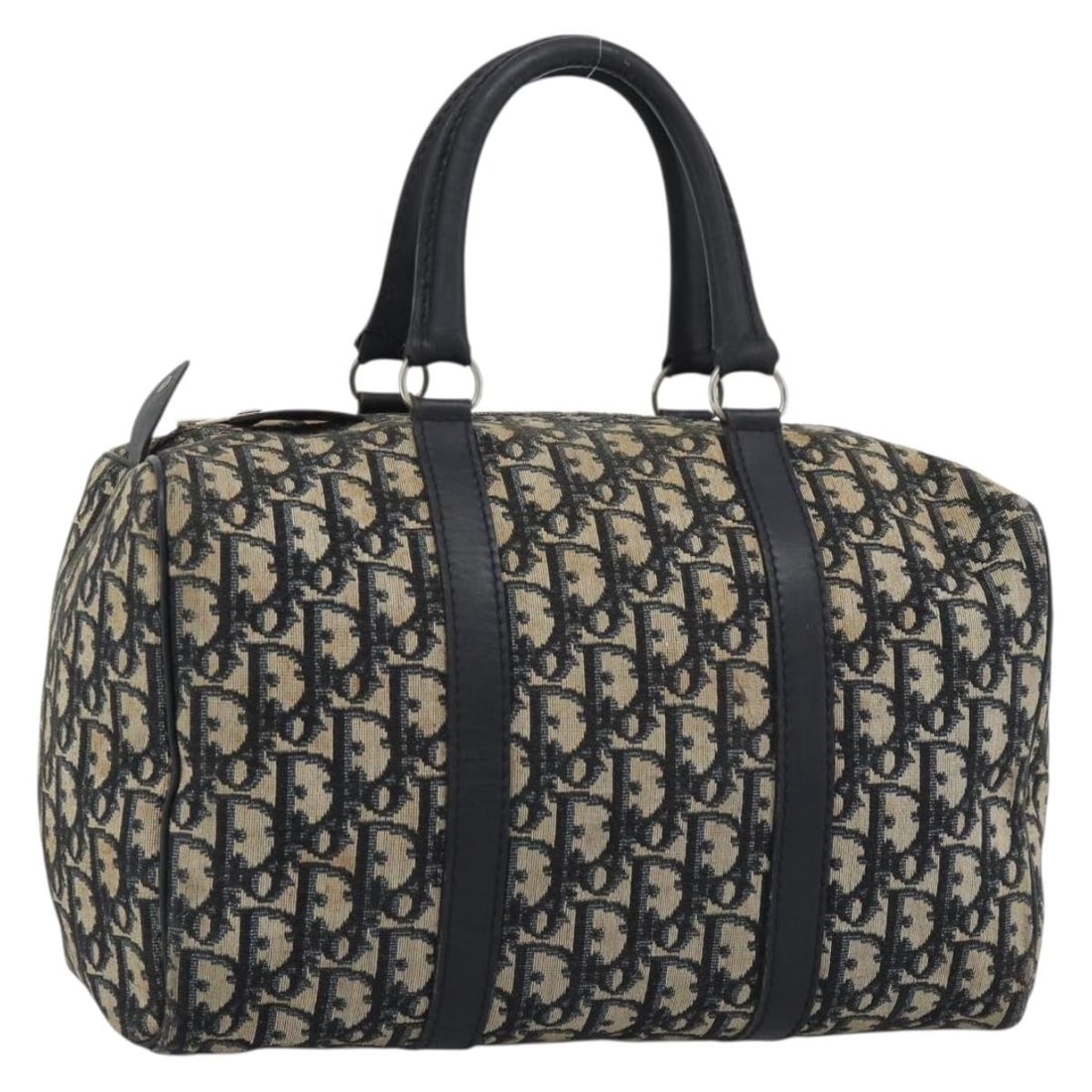 Christian Dior Boston Bag in Navy Silver Trotter Canvas: Christian Dior Boston Bag in Navy Silver Trotter Canvas Christian Dior Boston bag in navy and silver Trotter canvas, made in France. The bag has a handle drop of approximately 12 cm and comes without 