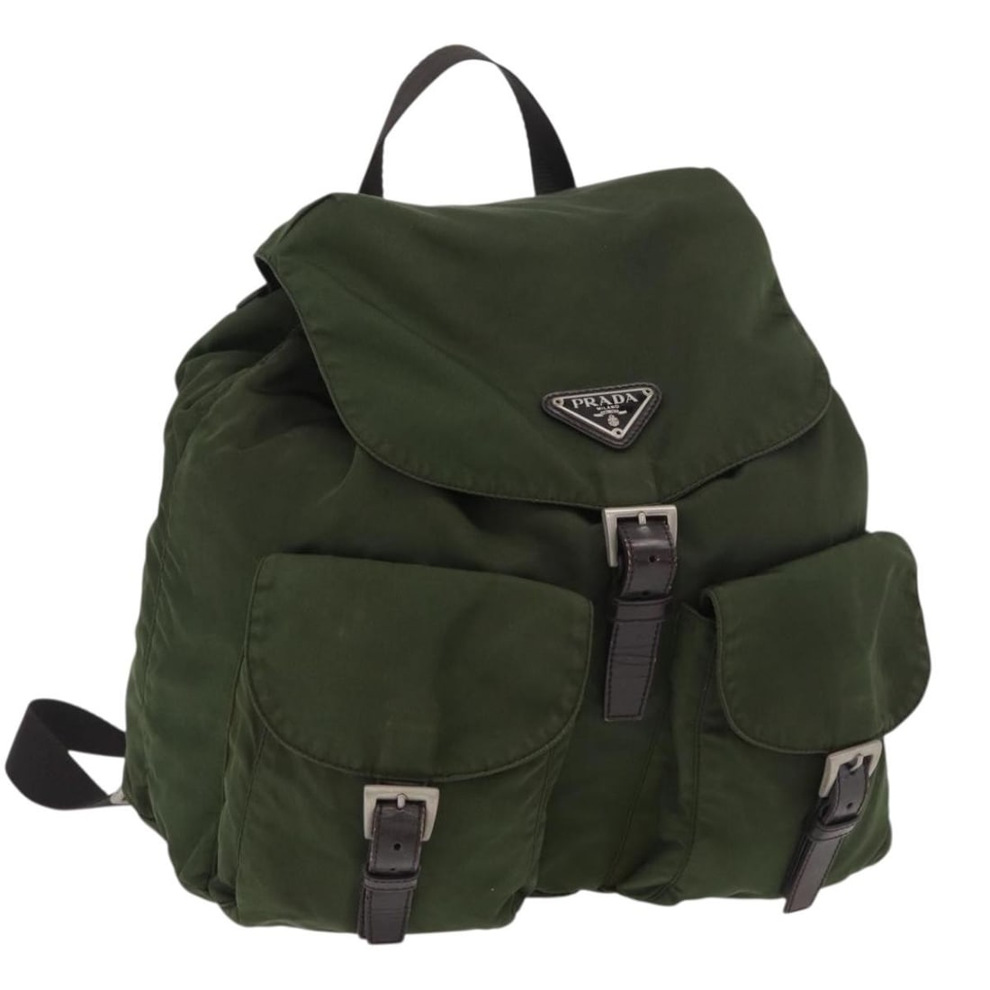 Prada nylon khaki silver backpack Italy 11.8 x 11.8 x 4.7 inch: Prada nylon khaki silver backpack Italy 11.8 x 11.8 x 4.7 inch This PRADA backpack is crafted from durable nylon in a khaki and silver color scheme. Designed for women, it features a spacious interior