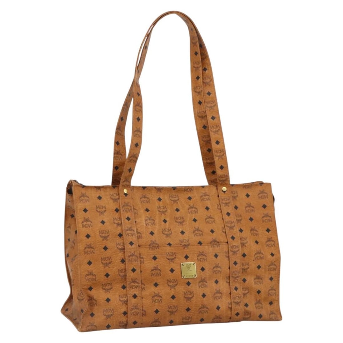 Brown PVC MCM Vicetos Tote Bag with Gold Accents for Women: Brown PVC MCM Vicetos Tote Bag with Gold Accents for Women This MCM Logogram Vicetos tote bag is crafted from brown and gold PVC leather, designed for women. The bag features a spacious interior and s