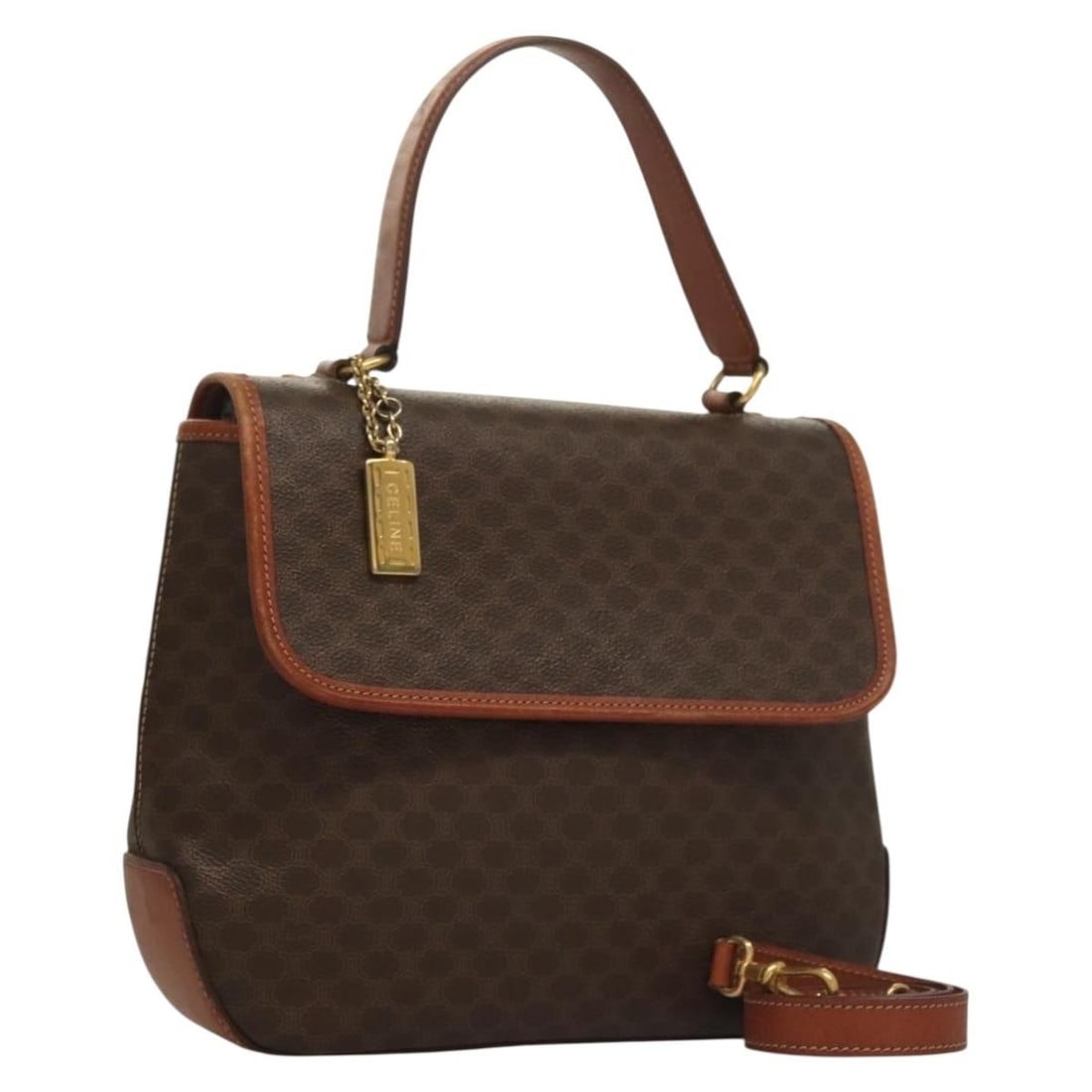 CELINE Macadam Canvas Hand Bag PVC Leather Brown Gold Made in Italy: CELINE Macadam Canvas Hand Bag PVC Leather Brown Gold Made in Italy This CELINE Macadam Canvas Hand Bag is a stylish accessory crafted from durable PVC leather, featuring a rich brown and gold exterio