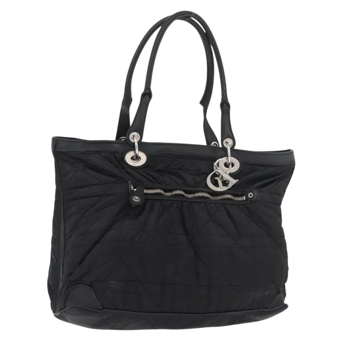 Christian Dior Lady Dior Black Nylon Tote with Charm: Christian Dior Lady Dior Black Nylon Tote with Charm Black and silver Christian Dior Lady Dior tote bag in nylon with a charm accessory. Made in Italy, this bag measures approximately 37 cm wide by 28