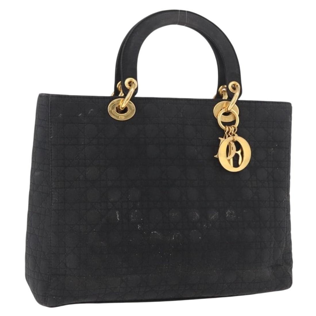 Christian Dior Lady Dior Cannage Canvas Hand Bag Black Gold Charm: Christian Dior Lady Dior Cannage Canvas Hand Bag Black Gold Charm Christian Dior Lady Dior Canage hand bag in black and gold canvas, made in Italy. This women's handbag includes a charm accessory and 