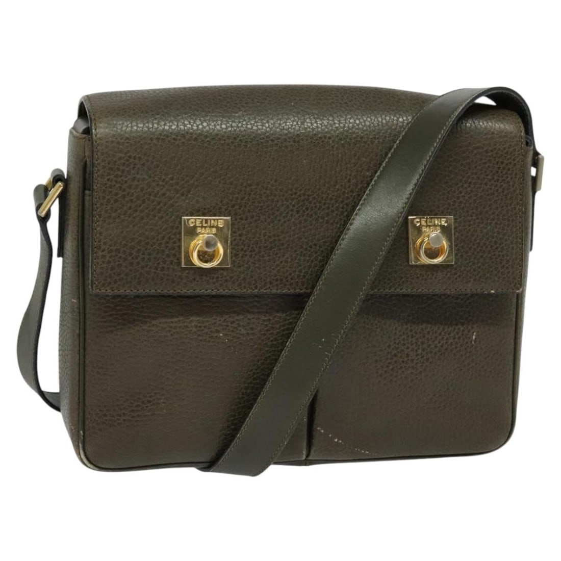 Celine Khaki Leather Women's Shoulder Bag with Gold Accents: Celine Khaki Leather Women's Shoulder Bag with Gold Accents This is a women's shoulder bag crafted from leather in a khaki and gold color combination. The bag features a structured silhouette with a s