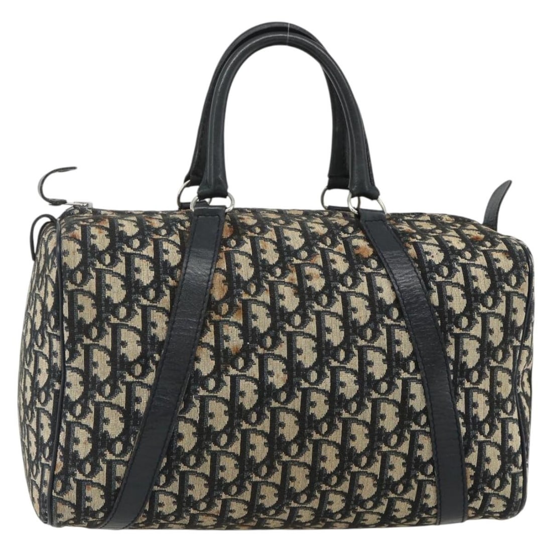 Christian Dior Boston Bag in Navy Silver Trotter Canvas: Christian Dior Boston Bag in Navy Silver Trotter Canvas Authentic Christian Dior Boston bag in navy and silver Trotter canvas, made in France. This women's handbag is offered in heavily used condition