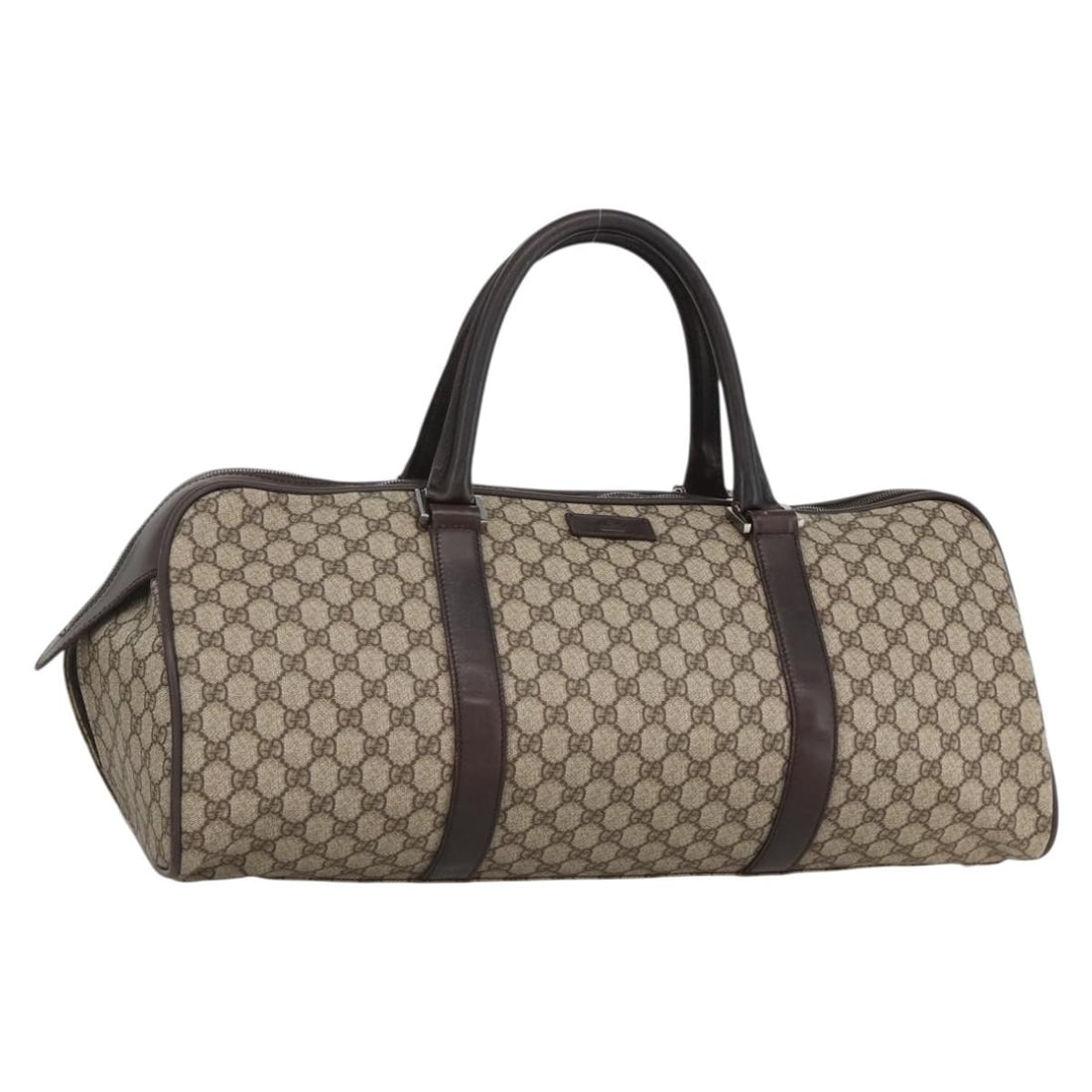 GUCCI 108793 GG Supreme Brown PVC Leather Boston Bag: GUCCI 108793 GG Supreme Brown PVC Leather Boston Bag This Gucci GG Supreme Boston Bag is crafted in PVC leather and GG canvas in a brown and silver colorway. Made in Italy, it features a structured Bo