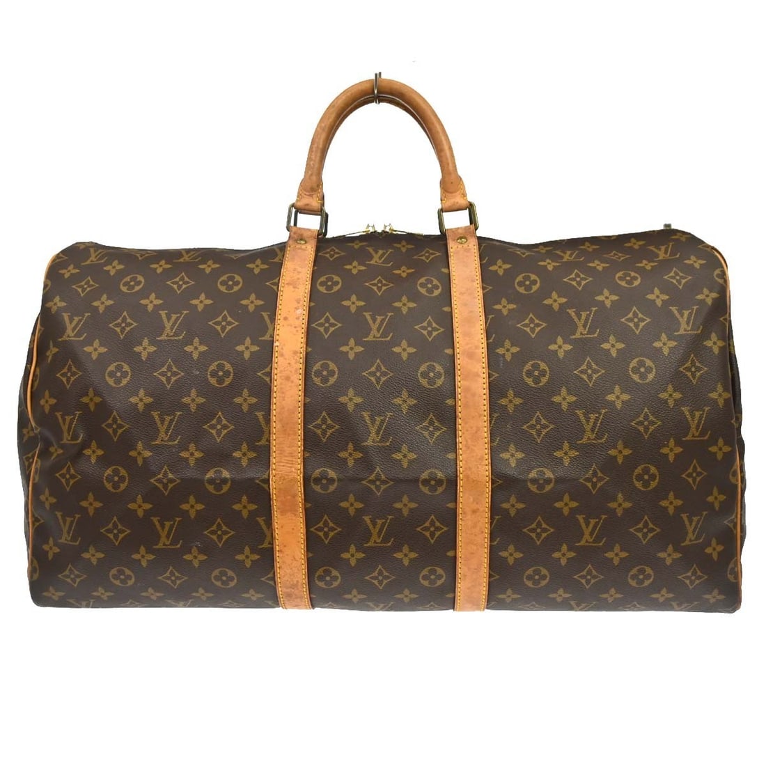 Vintage Louis Vuitton Keepall 55 Monogram Duffle Bag M41424: Vintage Louis Vuitton Keepall 55 Monogram Duffle Bag M41424 Vintage Louis Vuitton Keepall 55 travel handbag in the Monogram line with a zip closure, double leather handles, and brown canvas lining. Th