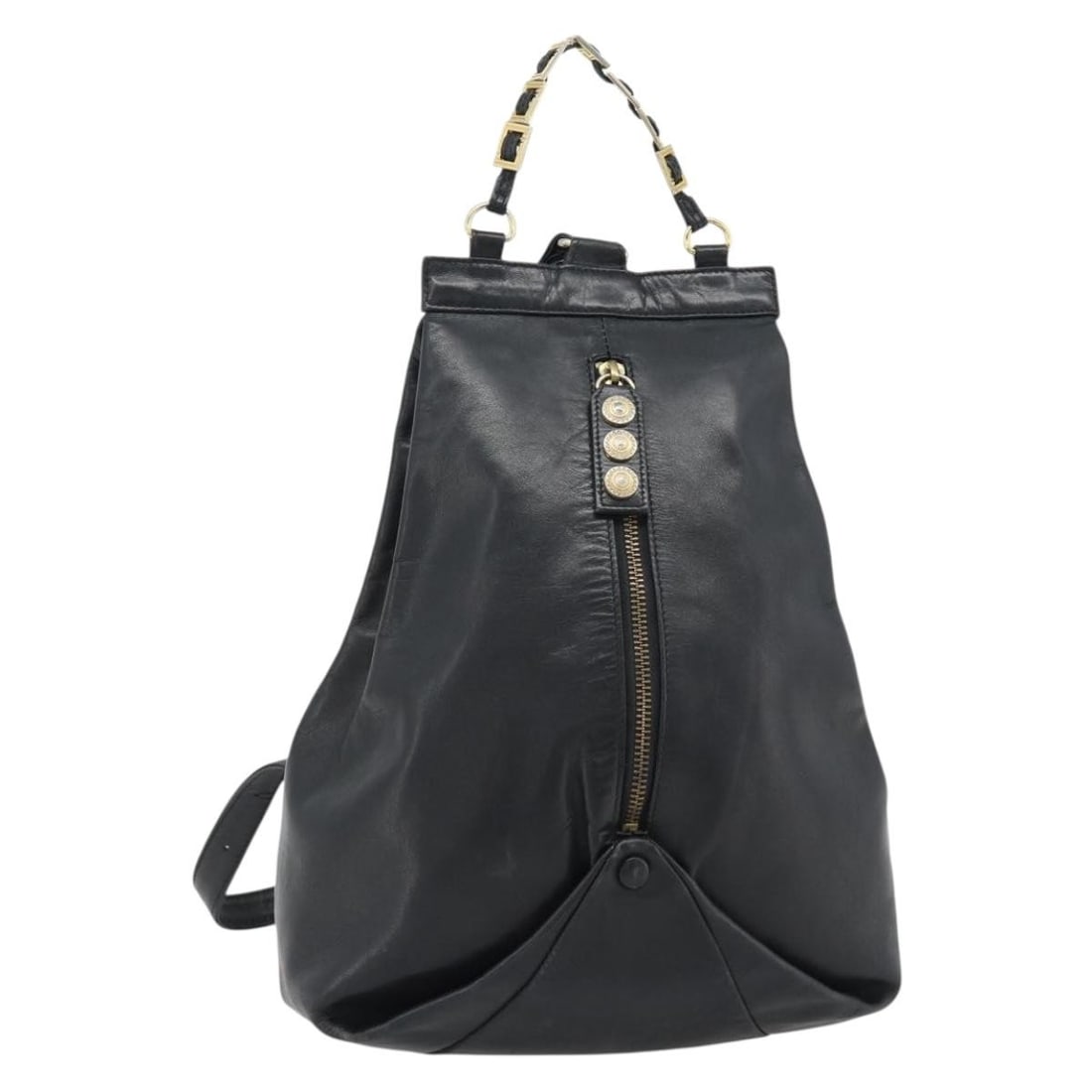 Leather Backpack Gianni Versace Black Gold Tone: Leather Backpack Gianni Versace Black Gold Tone Black and gold leather backpack in heavily used condition. The item shows visible wear throughout, including loss of shape, rubbing, stains, slight scra
