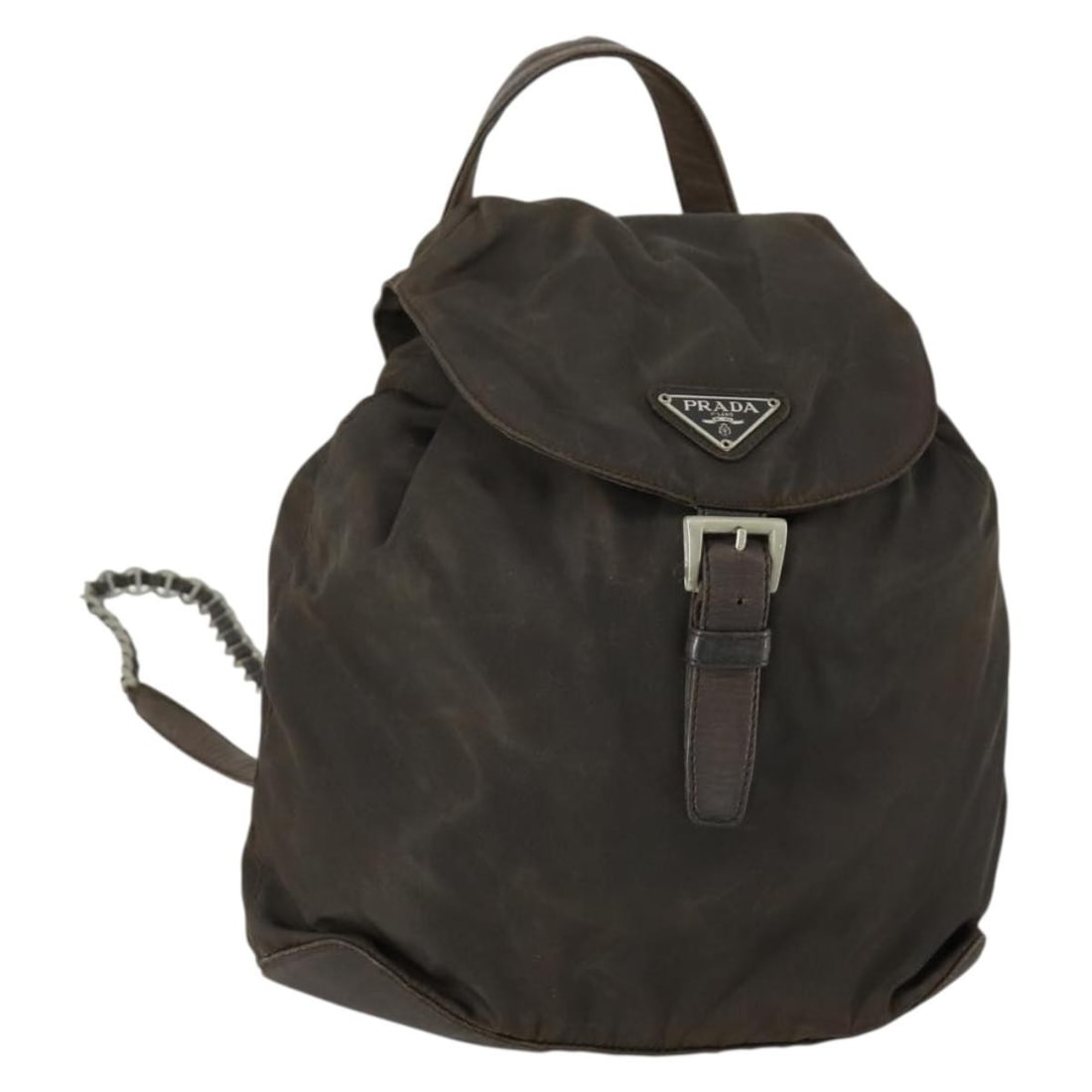 Prada Brown Silver Nylon Women Backpack with Guarantee Card: Prada Brown Silver Nylon Women Backpack with Guarantee Card This PRADA women's backpack is crafted from durable nylon in a brown and silver color scheme. Made in Italy, it features a compact design wi