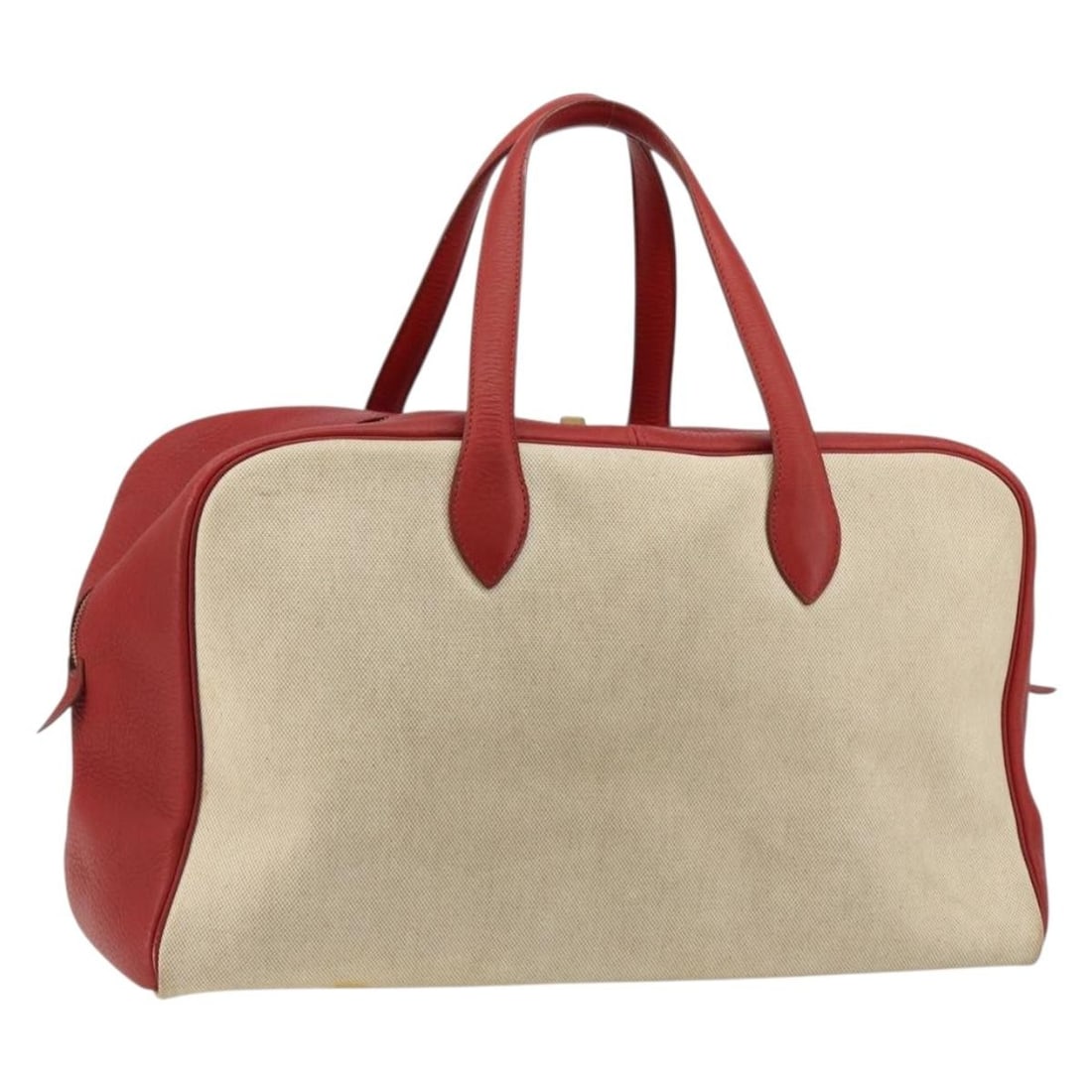 Hermes Victoria 43 Beige Coated Canvas Handbag France: Hermes Victoria 43 Beige Coated Canvas Handbag France A Hermes Victoria 43 hand bag in beige coated canvas, made in France. This pre-owned bag is described as heavily used, with visible wear including
