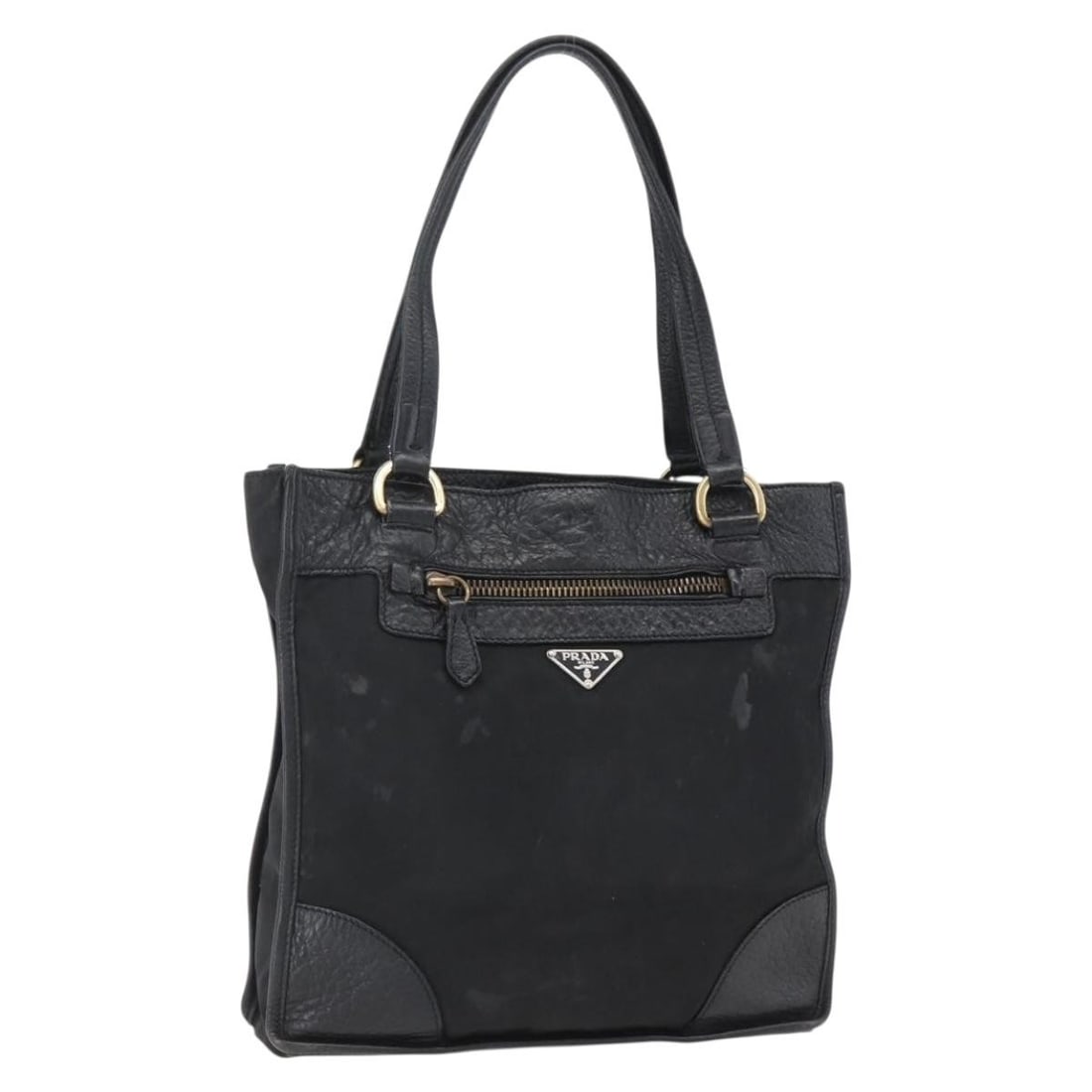PRADA Black Nylon Tote Bag with Leather Trim Gold Tone: PRADA Black Nylon Tote Bag with Leather Trim Gold Tone A PRADA women's tote bag in black and gold, made from nylon with leather details. It measures approximately 30 cm x 30 cm x 5 cm, with a handle d