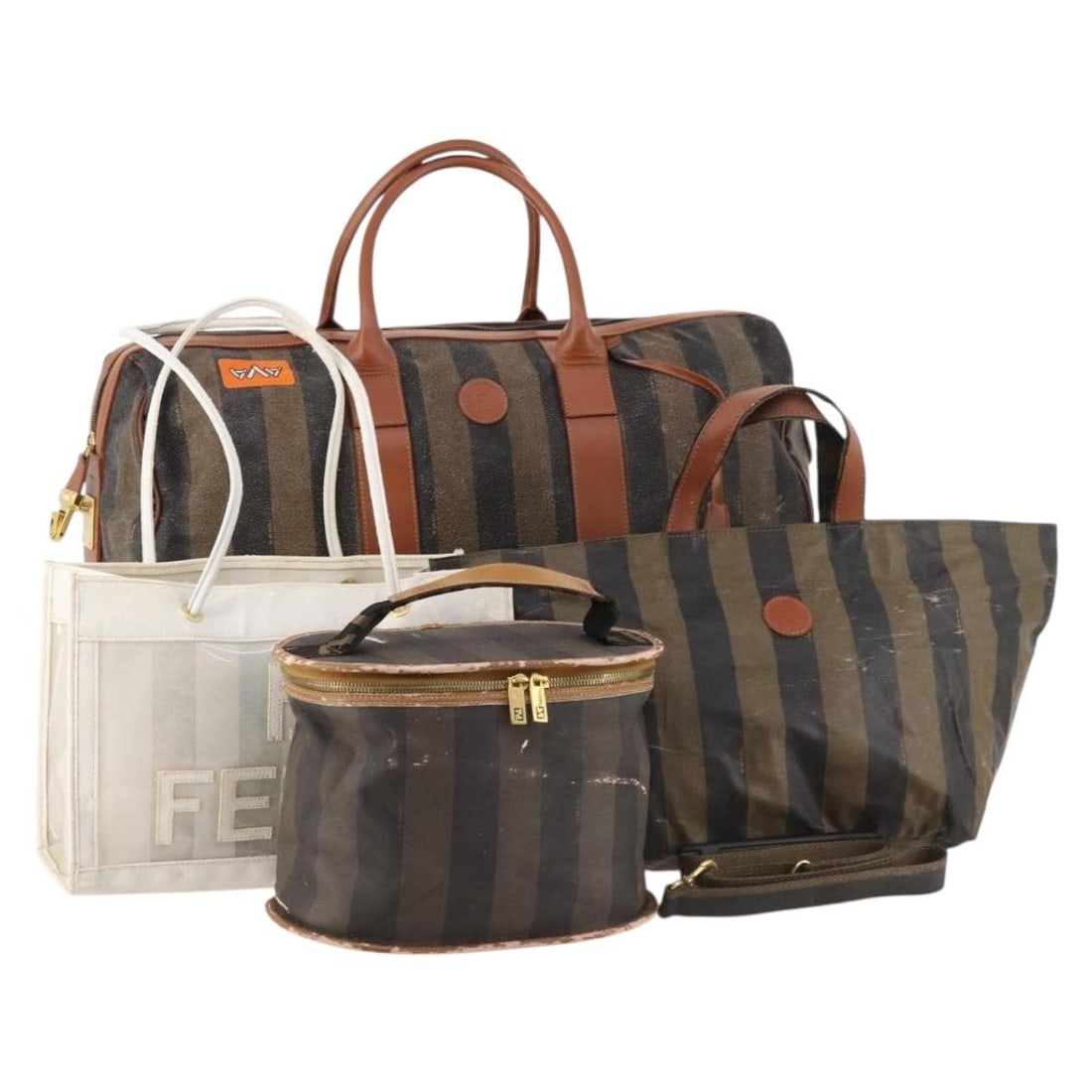 FENDI Pequin Canvas Shoulder Bag with Pouch 4 Piece Set: FENDI Pequin Canvas Shoulder Bag with Pouch 4 Piece Set This FENDI shoulder bag set features four pieces crafted from coated canvas and Pequin canvas in black, brown, and white. Made in Italy, the set