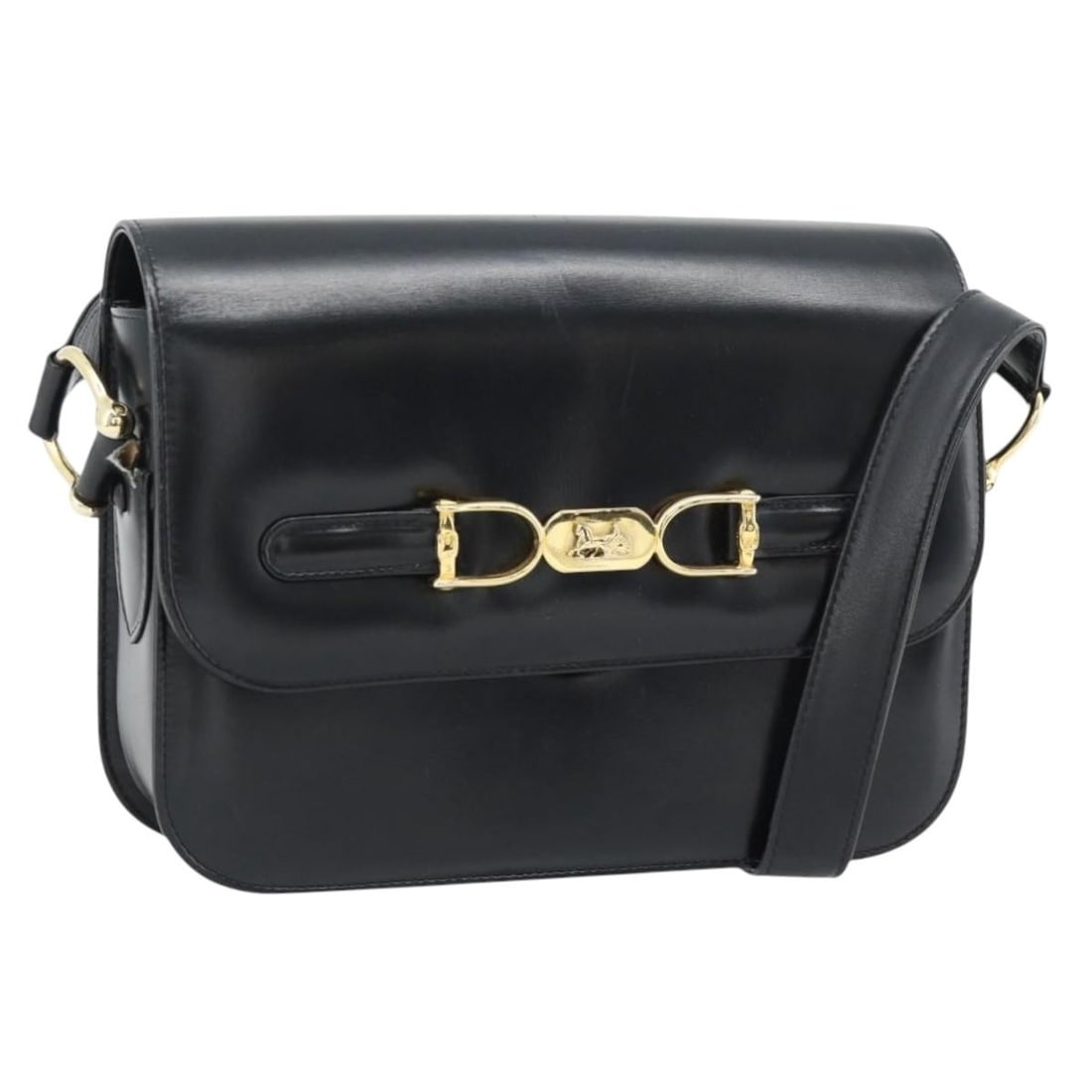 CELINE Horse Carriage Leather Shoulder Bag Black Gold Tone: CELINE Horse Carriage Leather Shoulder Bag Black Gold Tone Celine Horse Carriage shoulder bag in black leather with gold-tone accents. Made in Italy, this women's shoulder bag includes a dust bag. Con