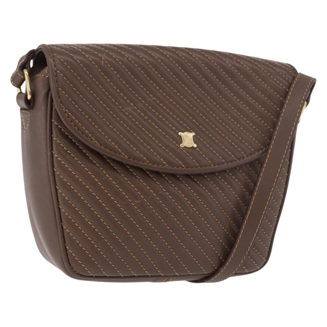 CELINE Macadam Leather Shoulder Bag Brown Gold Tone Italy: CELINE Macadam Leather Shoulder Bag Brown Gold Tone Italy Celine Macadam shoulder bag in brown leather with gold-tone details, made in Italy. The bag measures approximately 18 cm x 18 cm x 6 cm, with 