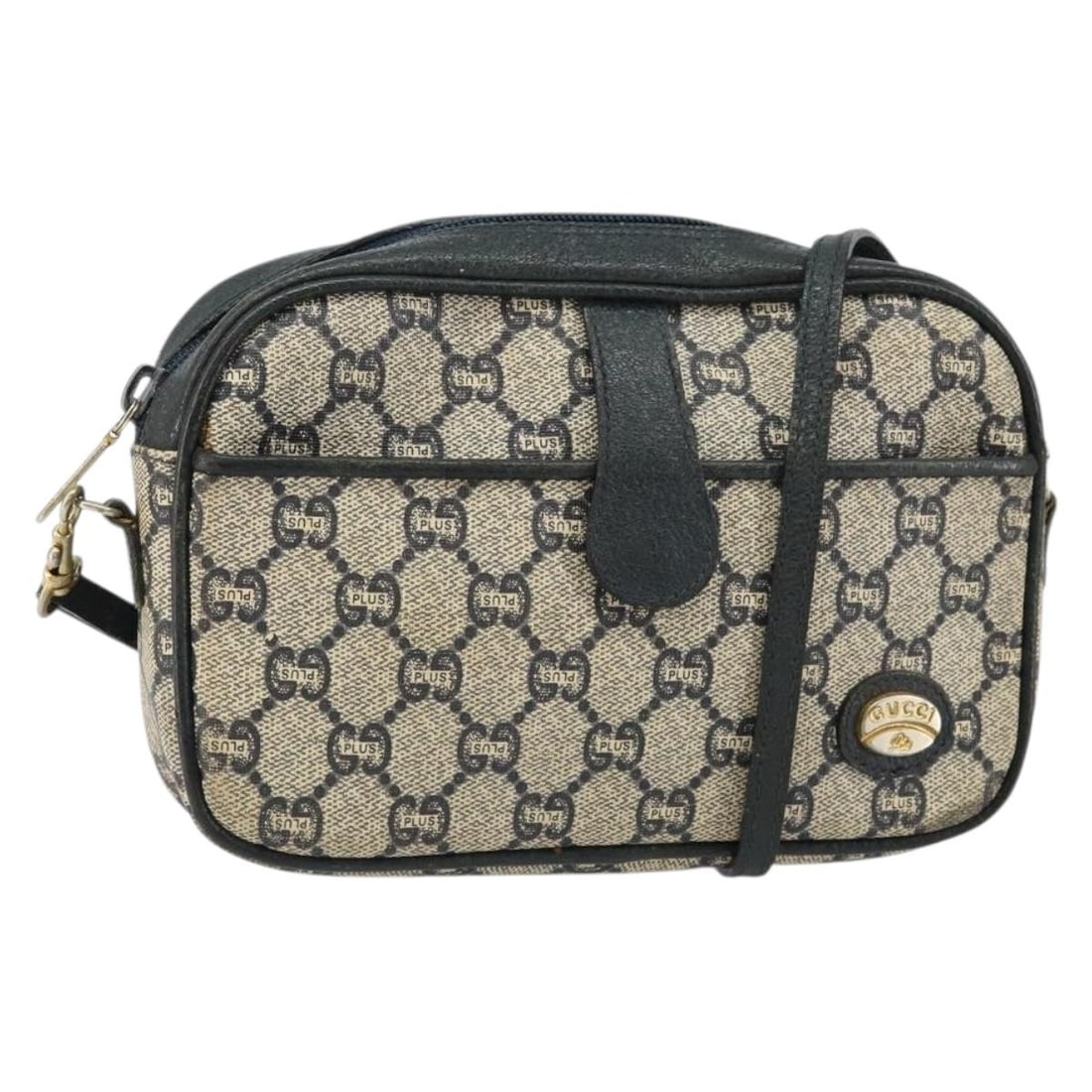 Gucci GG Plus Navy Gold PVC Leather Shoulder Bag Italy: Gucci GG Plus Navy Gold PVC Leather Shoulder Bag Italy This Gucci GG Plus Supreme shoulder bag features a navy and gold color scheme with PVC leather and GG canvas exterior. Designed for women, it off