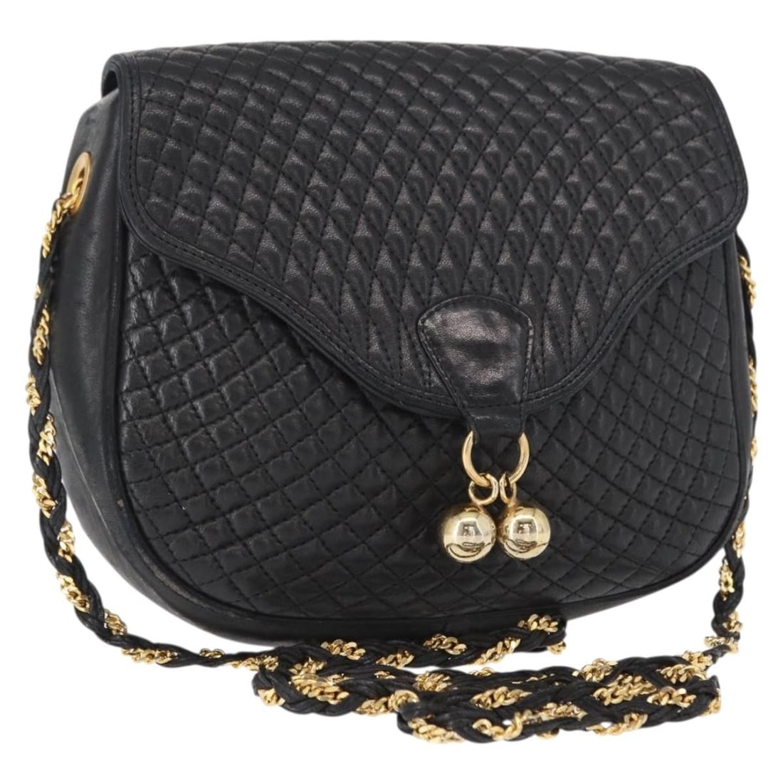 Bally Black Leather Shoulder Bag with Chain Strap Gold Accents: Bally Black Leather Shoulder Bag with Chain Strap Gold Accents This is a Bally chain shoulder bag crafted from black and gold leather. The bag features a structured silhouette with a flap design and a