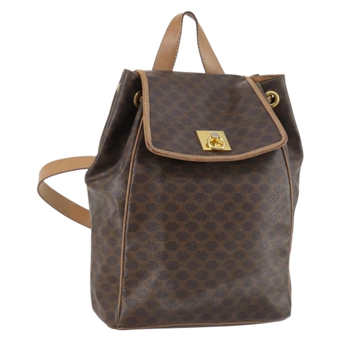 Authentic CELINE Brown Gold PVC Leather Macadam Canvas Backpack: Authentic CELINE Brown Gold PVC Leather Macadam Canvas Backpack This authentic CELINE Macadam Canvas Backpack showcases a stylish combination of PVC leather and Macadam canvas in a rich brown and gold