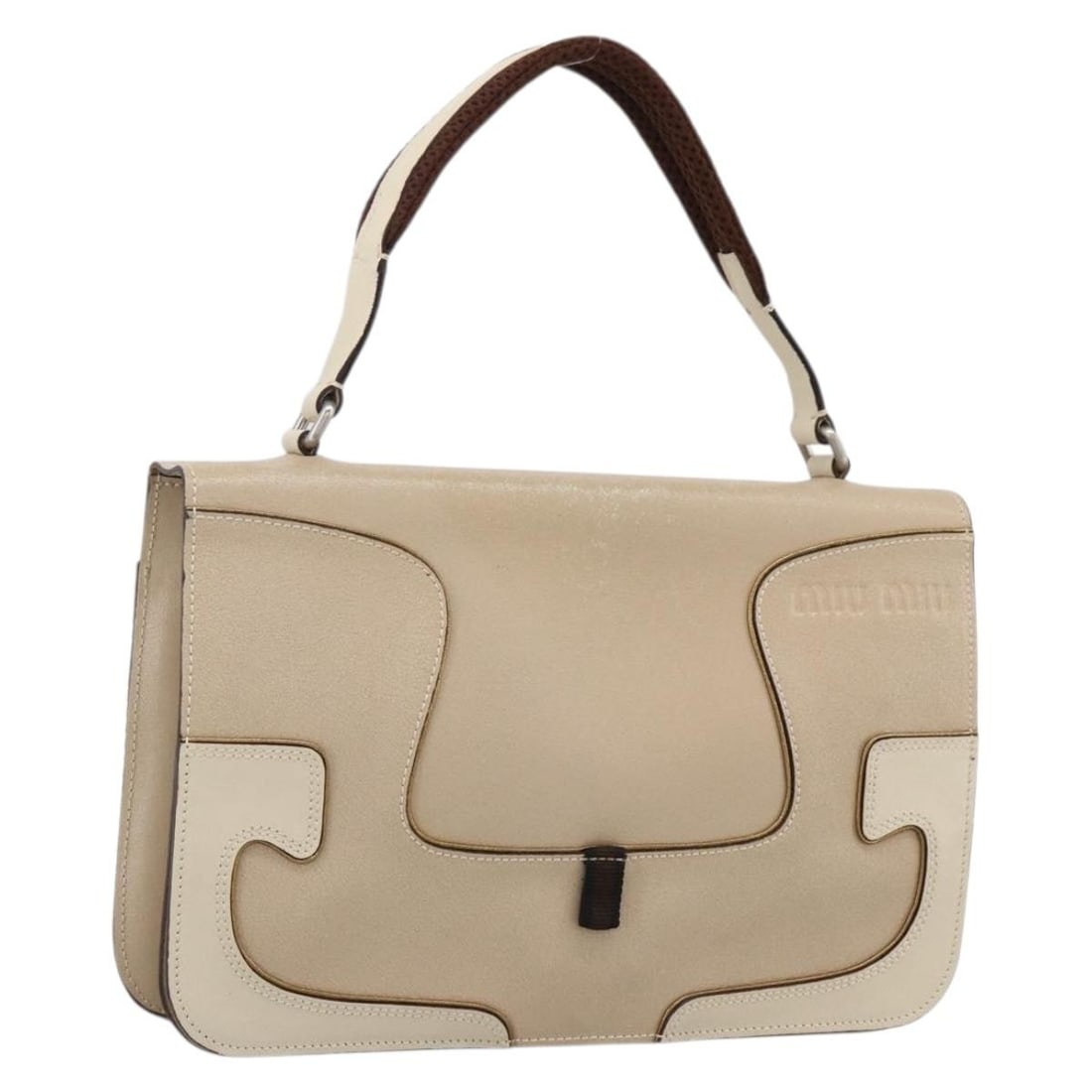Miu Miu Beige Silver Leather Handbag Made in Italy: Miu Miu Beige Silver Leather Handbag Made in Italy Miu Miu women's hand bag in beige and silver leather, made in Italy. The bag measures approximately 26 cm wide, 17 cm high, and 4 cm deep, with a han