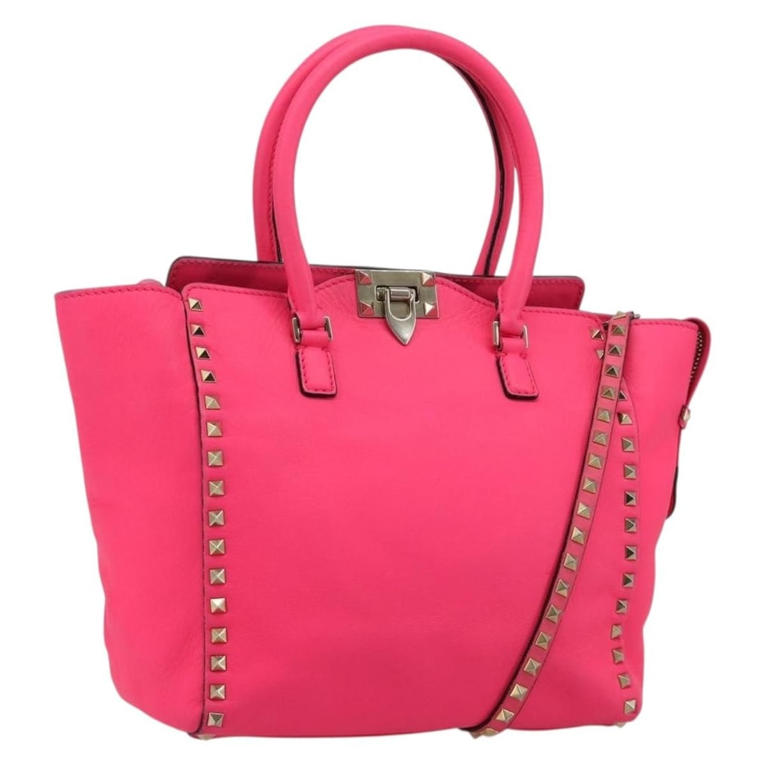 Valentino Leather 2way Tote Bag Pink with Shoulder Strap: Valentino Leather 2way Tote Bag Pink with Shoulder Strap Valentino studded tote bag in pink and gold leather with a 2-way design. It includes a shoulder strap and was made in Italy. The bag is heavily