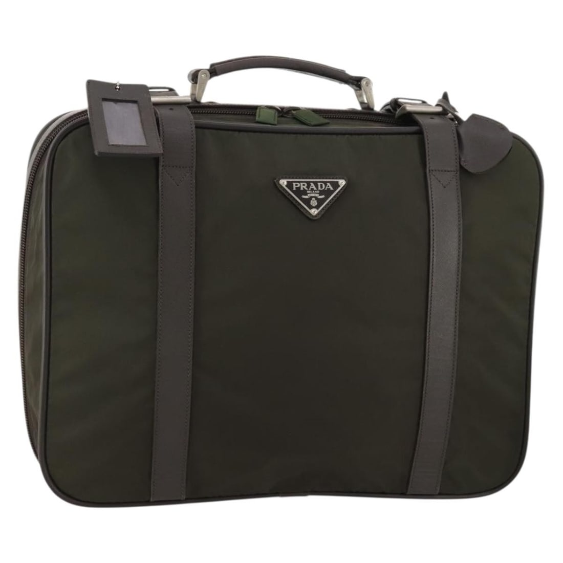 Prada Khaki Nylon Business Tote with Silver Accents and Accessories: Prada Khaki Nylon Business Tote with Silver Accents and Accessories This Prada business bag is crafted from khaki nylon with silver-tone accents. Designed for women, it features dual top handles and o