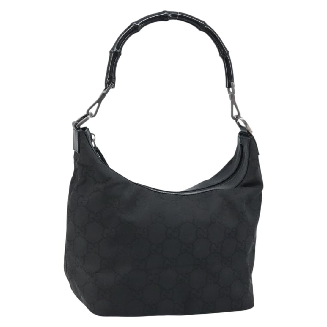 Gucci Bamboo Shoulder Bag Black Nylon GG Canvas Silver Tone 000 0531: Gucci Bamboo Shoulder Bag Black Nylon GG Canvas Silver Tone 000 0531 GUCCI shoulder bag in black and silver, crafted from nylon and GG canvas. Made in Italy, this bag features a shoulder bag style and