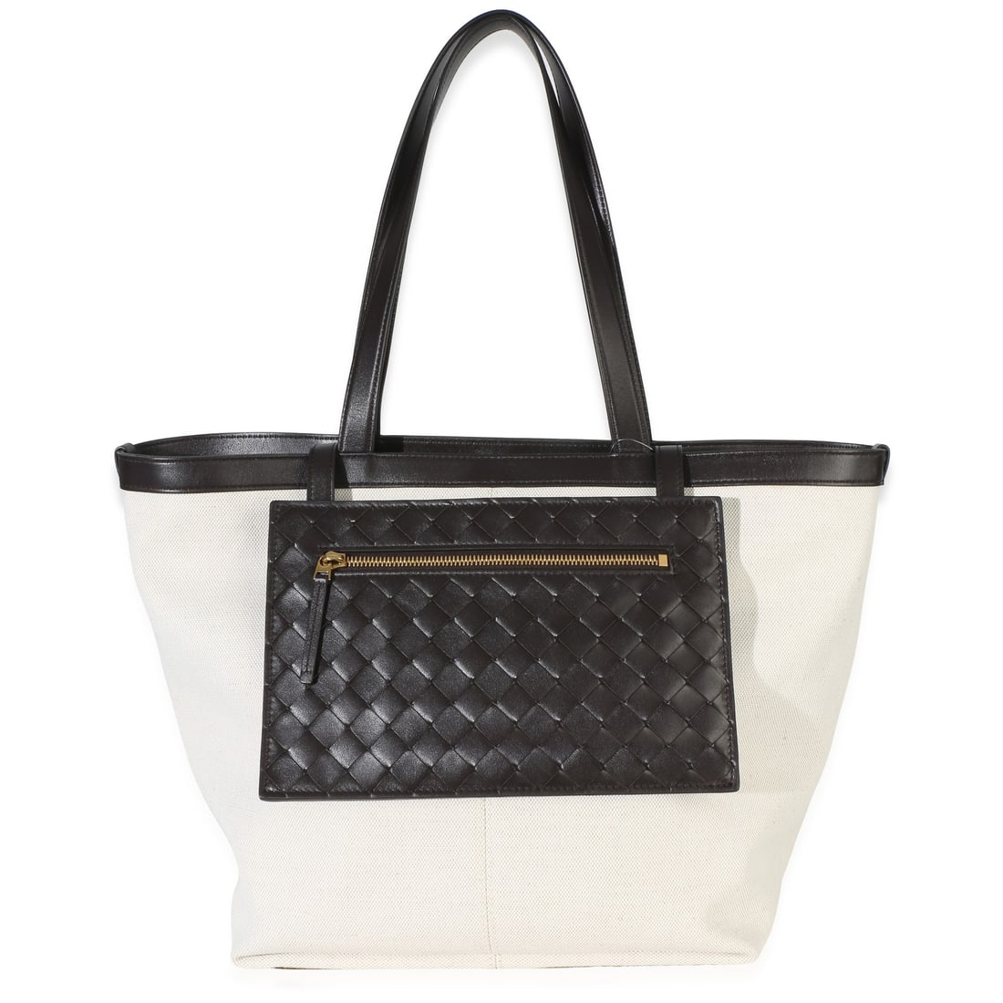 Bottega Veneta Canvas Mix Nappa Intrecciato Medium Flip Flap Tote Beige: Bottega Veneta Canvas Mix Nappa Intrecciato Medium Flip Flap Tote Beige A pre-owned Bottega Veneta medium tote in beige and neutral brown tones, crafted from canvas with a canvas lining. It features t