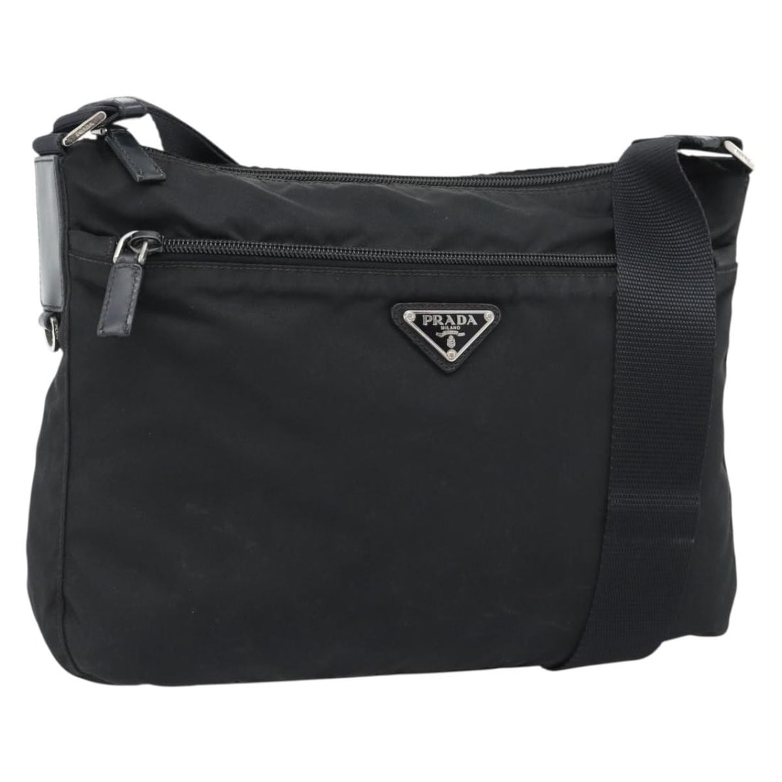 PRADA Black Nylon Shoulder Bag Silver Tone Hardware Italy: PRADA Black Nylon Shoulder Bag Silver Tone Hardware Italy Prada nylon shoulder bag in black and silver, made in Italy. This women's shoulder bag features an exterior nylon construction with a shoulder