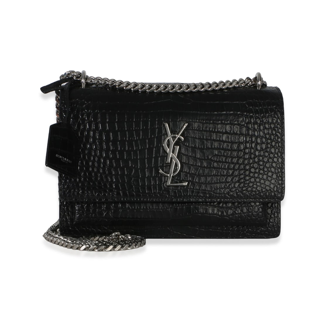 Saint Laurent Medium Sunset Bag Black Croc Embossed Calfskin Clochette: Saint Laurent Medium Sunset Bag Black Croc Embossed Calfskin Clochette This Saint Laurent Medium Monogram Sunset Bag features a black croc-embossed calfskin exterior with a structured silhouette. The 